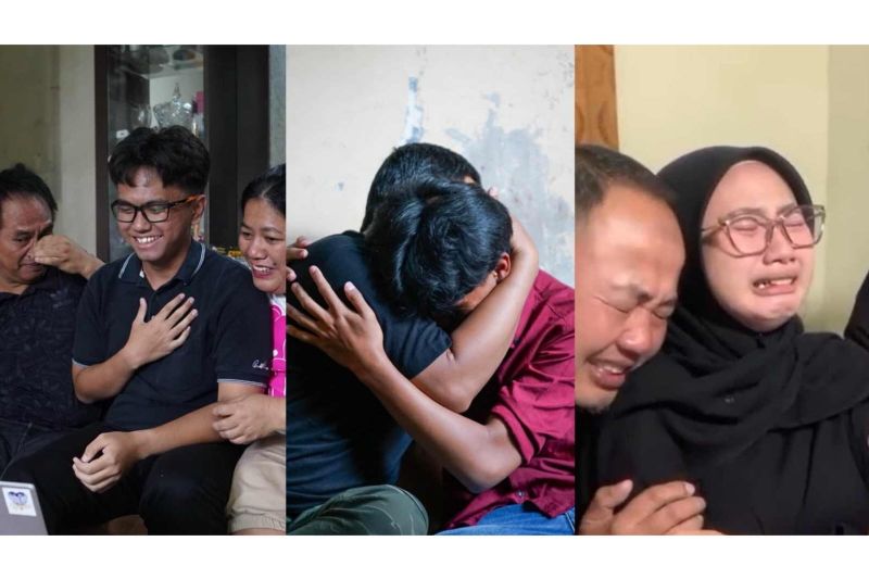 Reaksi keluarga para penerima Beasiswa Super SPX Express ketika menerima pengumuman lolos beasiswa. (Kiri ke kanan) Matthew Lumban Batu, Raka Naufal Zulian, dan Bilqis Yukiko Suryanto. ANTARA/HO-SPX Express